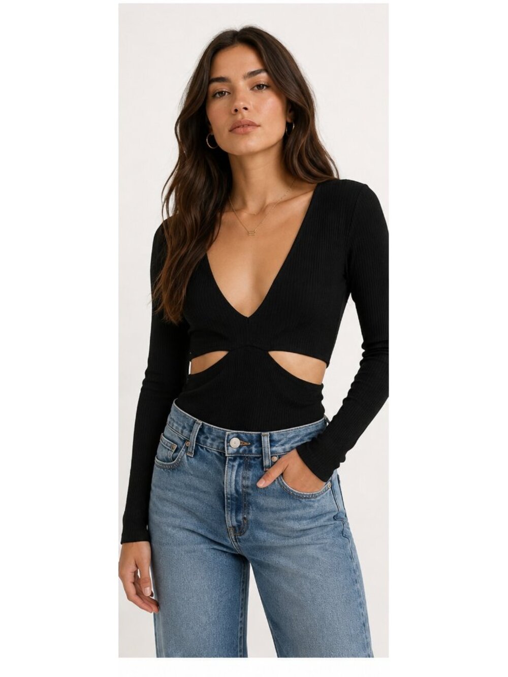 Reformation Black Ribbed Cutout Long Sleeve Crop Top Small